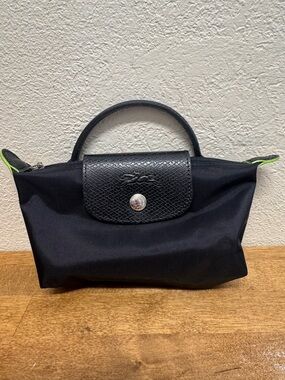 Longchamp Small Black Nylon Top-Handle Mini Bag with Lime Trim